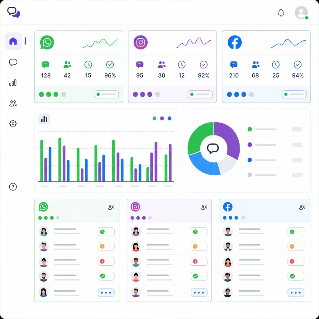 Dashboard omnichannel yang menampilkan metrik percakapan real-time di WhatsApp, Instagram, dan Facebook
